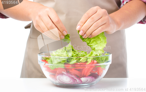 Image of Cook is tearing lettuce while making salad