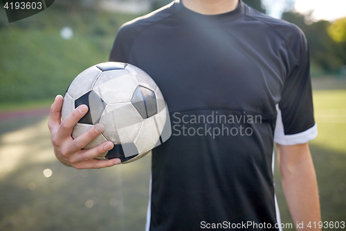 Image of close up of soccer player with football on field