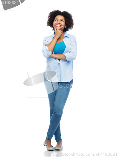 Image of happy african american young woman over white