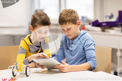 Image of kids with tablet pc programming at robotics school