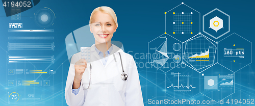 Image of smiling female doctor with pills