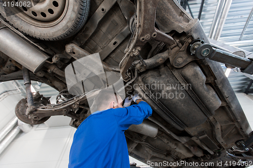 Image of mechanic man or smith repairing car at workshop