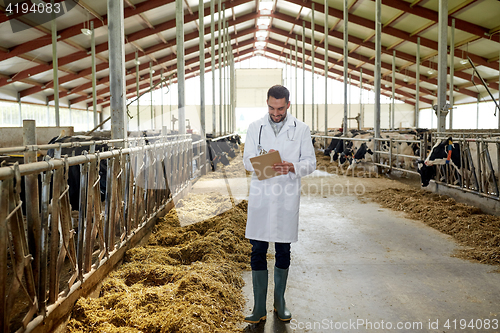 Image of veterinarian with cows in cowshed on dairy farm