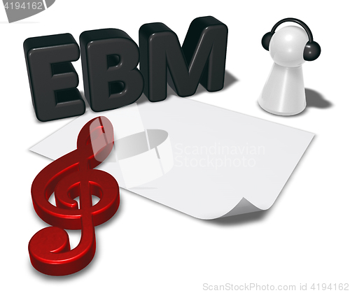 Image of ebm tag, blank white paper sheet and pawn with headphones - 3d rendering