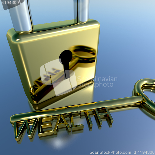 Image of Padlock With Wealth Key Showing Riches Savings And Fortune