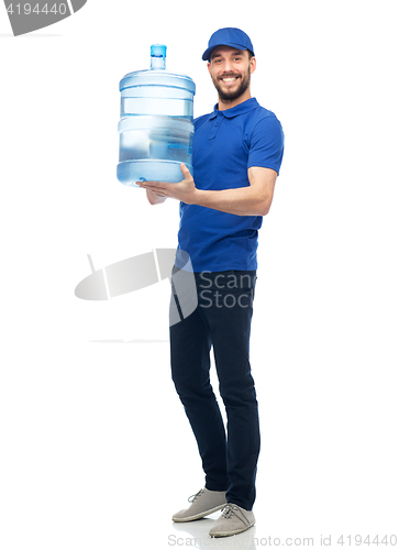 Image of happy delivery man with bottle of water