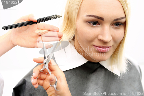 Image of Barber haircut woman in a hair salon 
