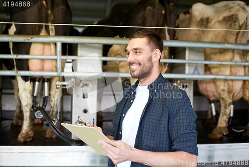 Image of man with clipboard and milking cows on dairy farm