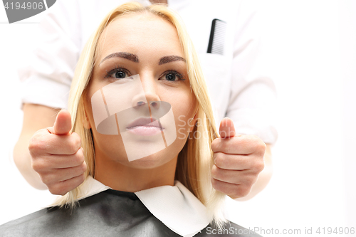 Image of Hairdresser combing woman