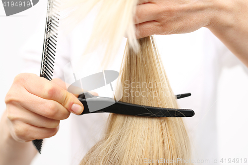 Image of Clipping, combing woman at the hairdresser