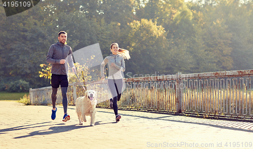 Image of happy couple with dog running outdoors