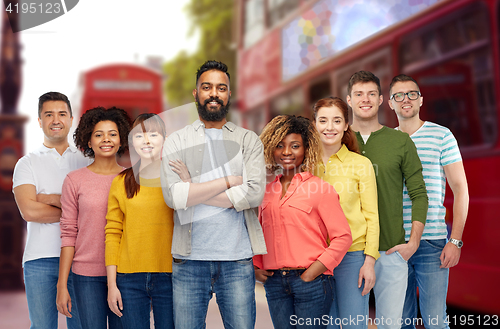 Image of international group of happy people in london