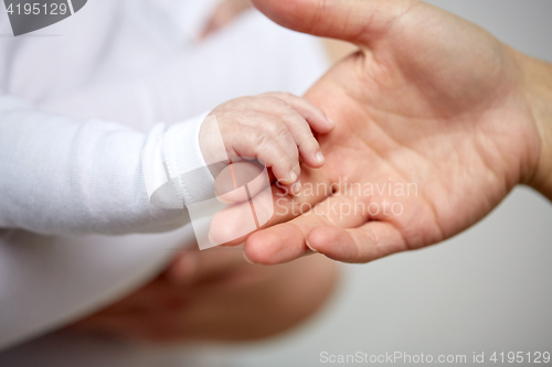 Image of close up of mother and newborn baby hands