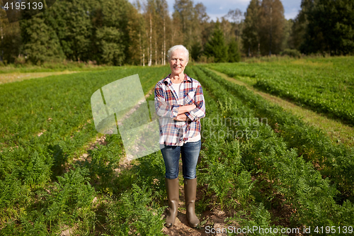 Image of happy senior woman at farm