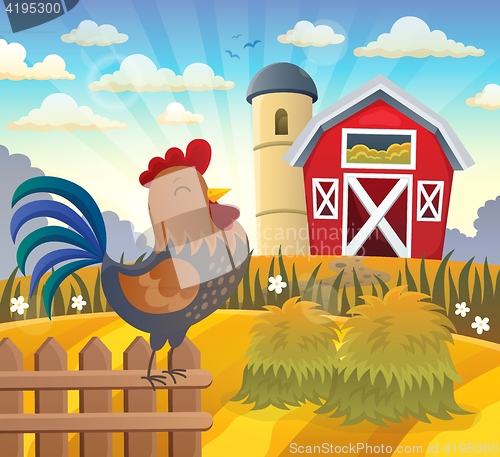 Image of Farmland with rooster on fence