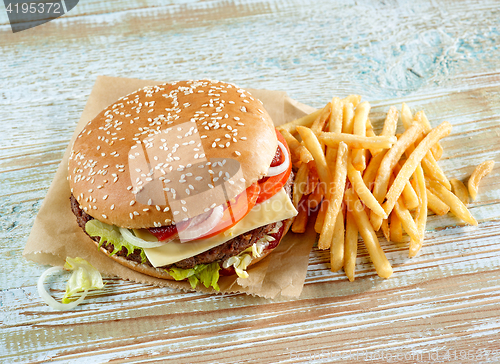 Image of fresh tasty burger and french fries