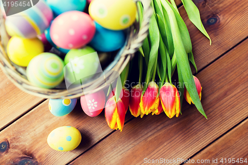 Image of close up of easter eggs in basket and flowers