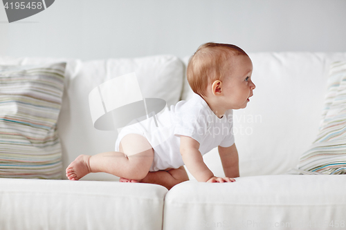 Image of little baby in diaper crawling along sofa at home