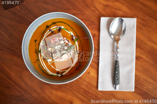 Image of vegetable pumpkin-ginger soup in bowl