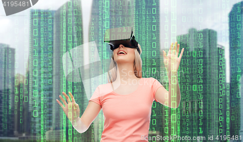 Image of woman in virtual reality headset or 3d glasses