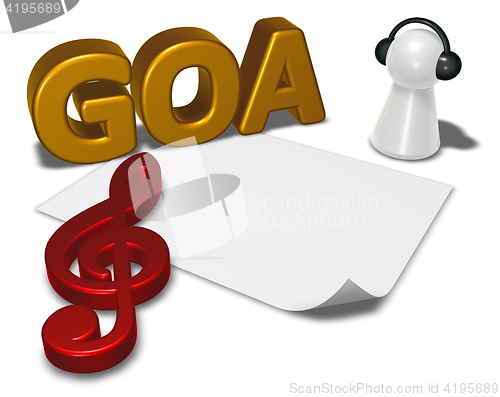 Image of goa tag, blank white paper sheet and pawn with headphones - 3d rendering