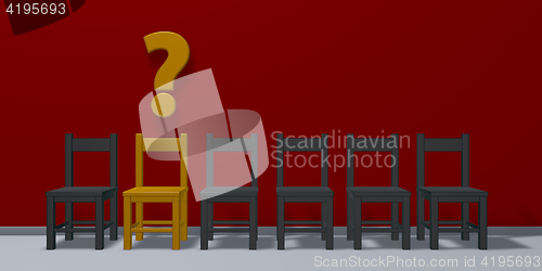 Image of row of chairs, one in yellow and question mark - 3d illustration