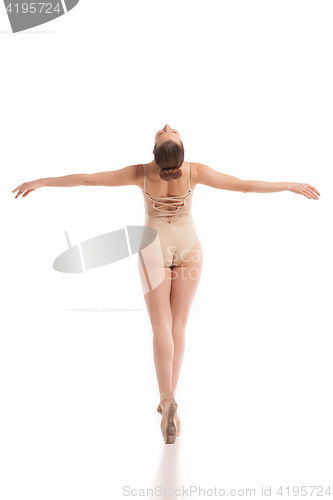 Image of Back view of young modern ballet dancer isolated on white background