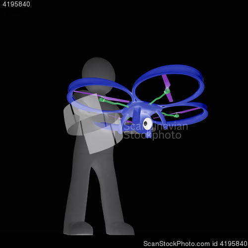 Image of 3d man with drone, quadrocopter, with photo camera. 3d render. 3