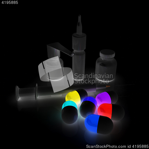 Image of Syringe, tablet, pill jar. 3D illustration