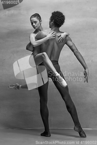 Image of Couple of ballet dancers posing over gray background