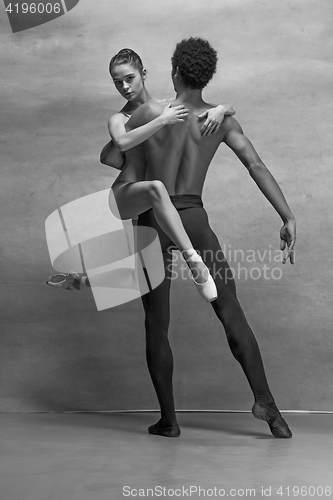 Image of Couple of ballet dancers posing over gray background