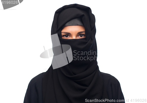 Image of muslim woman in hijab over white background