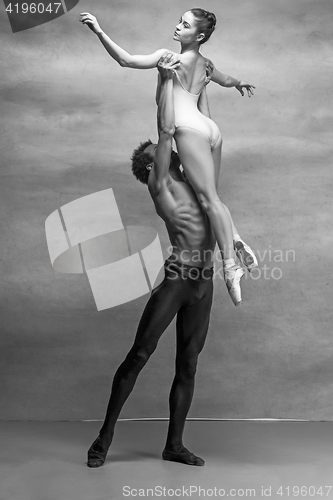 Image of Couple of ballet dancers posing over gray background