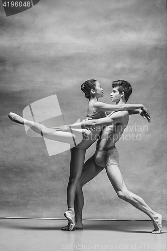 Image of Couple of ballet dancers posing over gray background