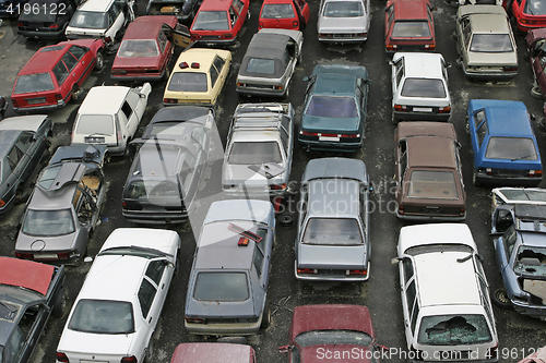 Image of Scrap Car Recycle Yard with lots of old crushed cars 