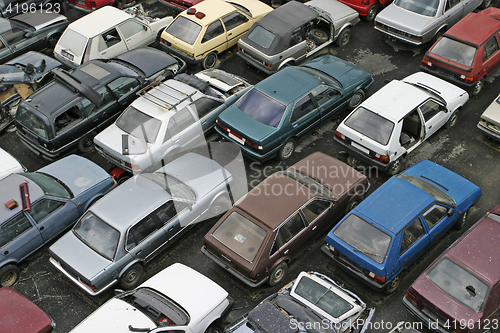 Image of Scrap Car Recycle Yard with lots of old crushed cars 