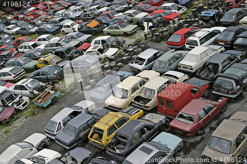 Image of Scrap Car Recycle Yard with lots of old crushed cars 