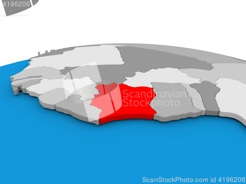 Image of Ivory Coast on globe in red