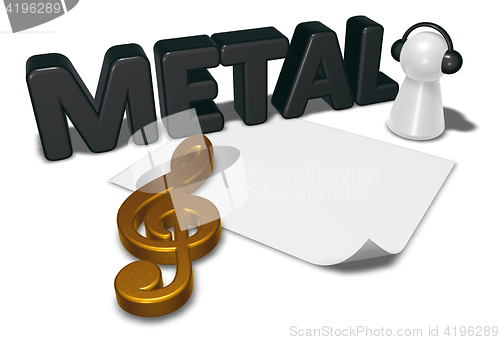 Image of metal tag, blank white paper sheet and pawn with headphones - 3d rendering