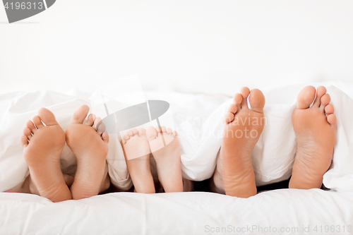 Image of bare soles of happy family feet in bed at home