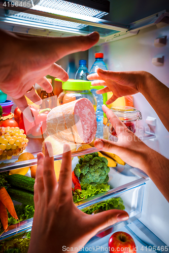 Image of Human hands reaching for food at night in the open refrigerator