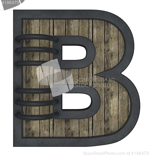 Image of wooden uppercase letter b with metal frame on white background - 3d illustration