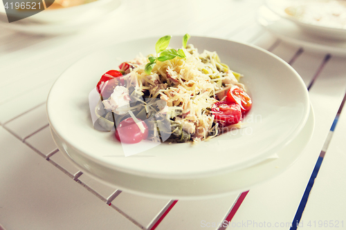 Image of close up of pasta with tomato and cheese on plate