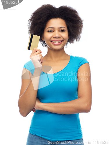 Image of happy african american woman with credit card