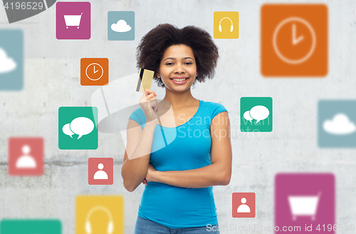 Image of afro american woman with credit card and icons