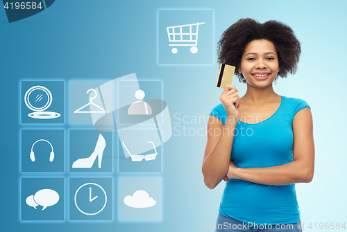 Image of afro american woman with credit card and icons