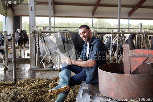 Image of young man with tablet pc and cows on dairy farm