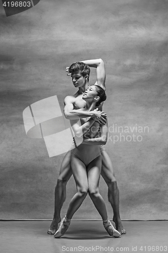 Image of Couple of ballet dancers posing over gray background