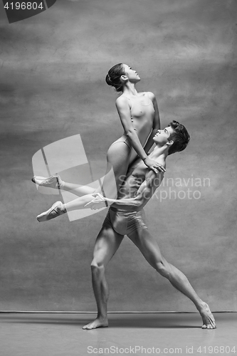 Image of Couple of ballet dancers posing over gray background