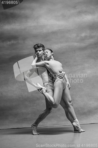 Image of Couple of ballet dancers posing over gray background